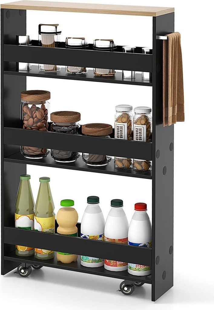 Schmaler Rollwagen - Servier- und Küchenwagen - 4 Ebenen - Metall - Mit Rollen, Griff & Reling - Für Küche & Bad - Schwarz