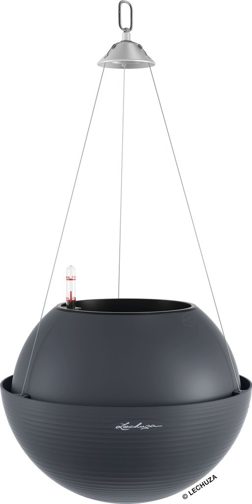 A hanging planter with a self-watering system.