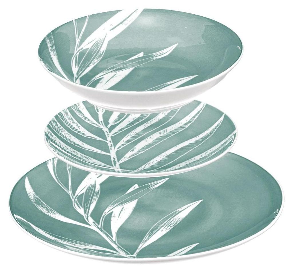 A stack of three teal-colored plates and bowls with white leaf patterns, presented against a white background.
