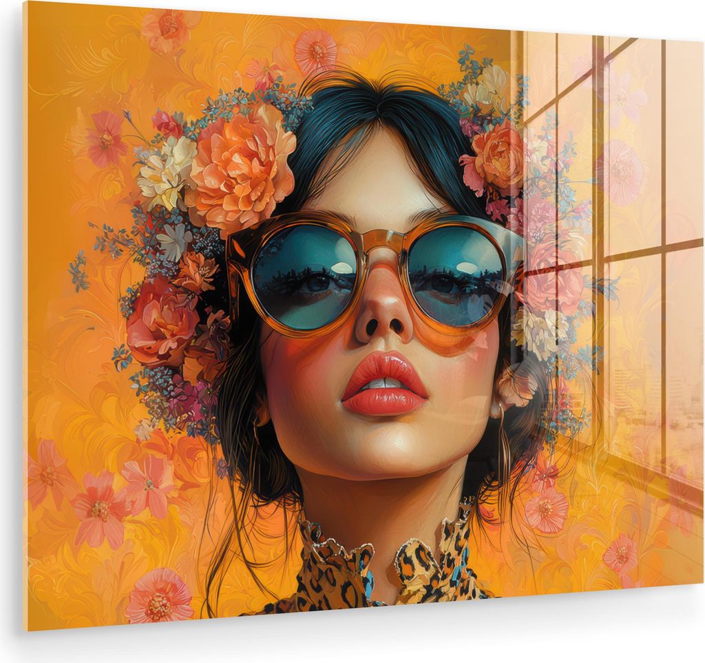 MuchoWow Glasbilder - Bilder auf Wandbild - Foto auf Glas Frau - Blumen - Ästhetik - Orange 80x60 cm Wanddekoration aus Glas - Acrylglasbild - Acr...
