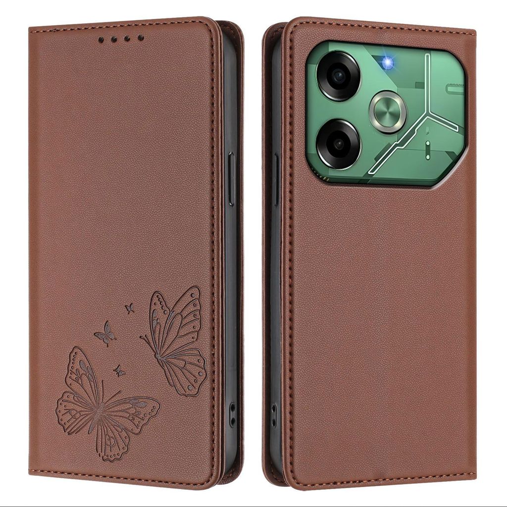 Lederhülle für Tecno Pova 6 4G, Schmetterling Prägung Leder Brieftasche Schutzhülle mit Ständer Braun