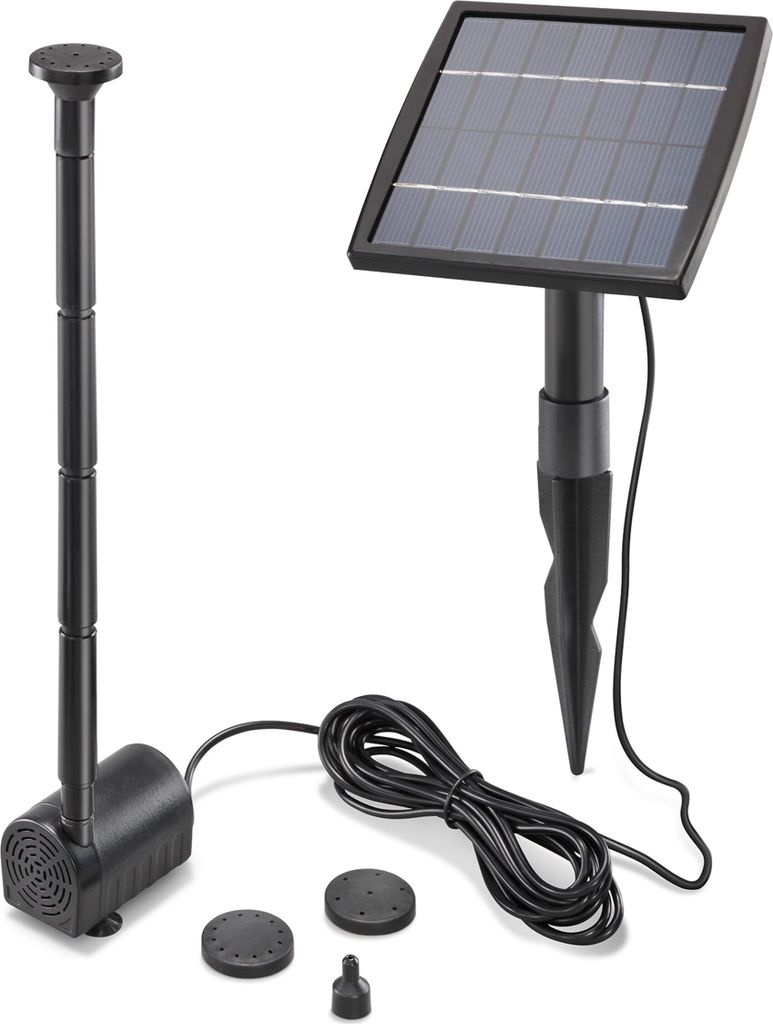 A solar-powered fountain pump kit with a solar panel and accessories.