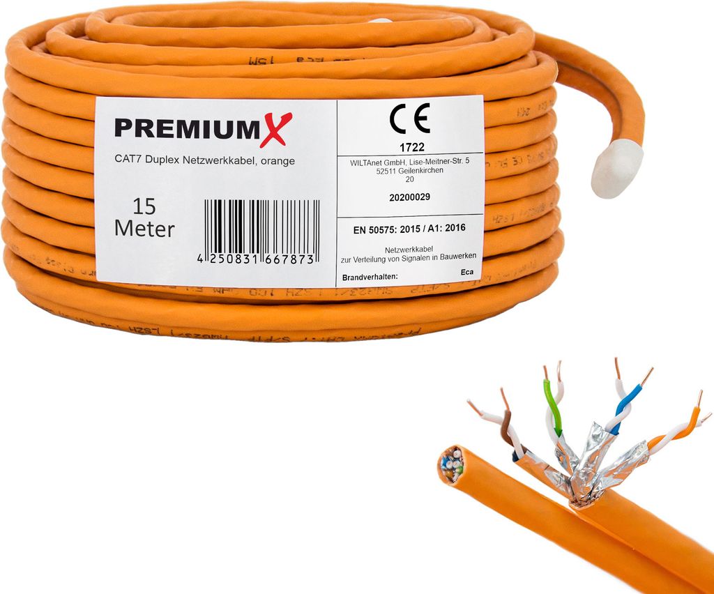 PremiumX 15m CAT 7 Netzwerkkabel Duplex LAN Kabel Ethernet Datenkabel
