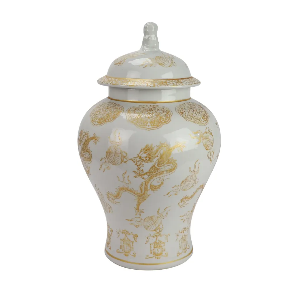 Grand Vase en Céramique Blanche Style Oriental avec Motif Dragon Bleu