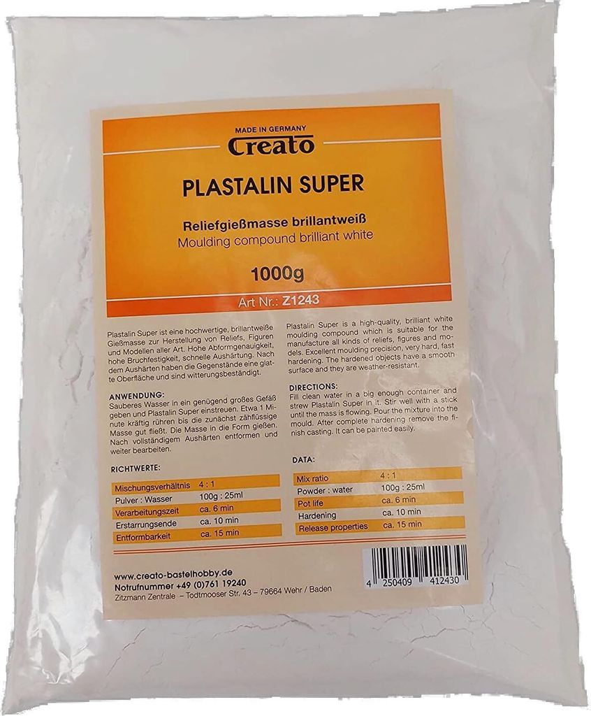 Creato Z1244 - Plastalin 5 kg, 4:1, TOP porzellanähnliche Reliefgiessmasse, abformgenau, weiss, Figurengiessmasse.