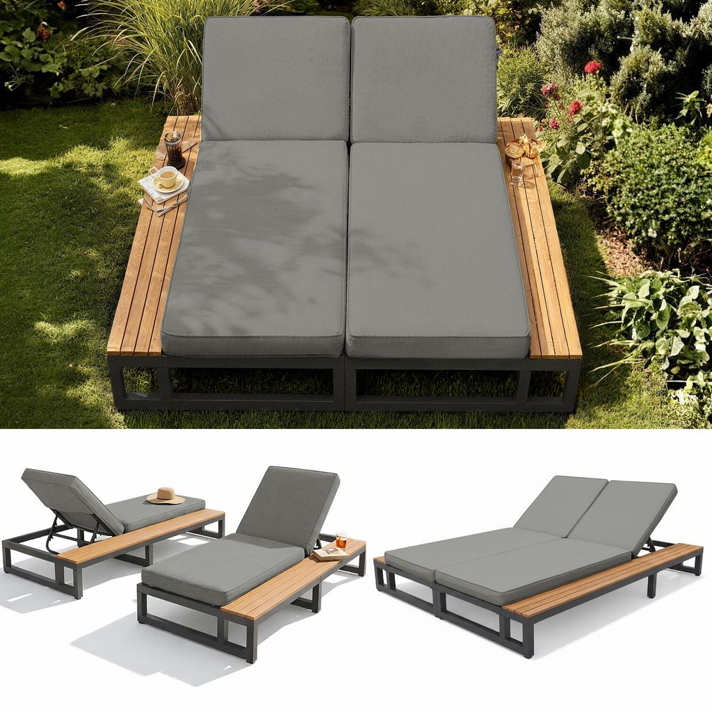 Gartenliege, wasserfestes Schlafsofa, Doppelliege mit Ablagefach, Sonnenliege für die Terrasse, verstellbare Rückenlehne, grau, Doppelliegebett