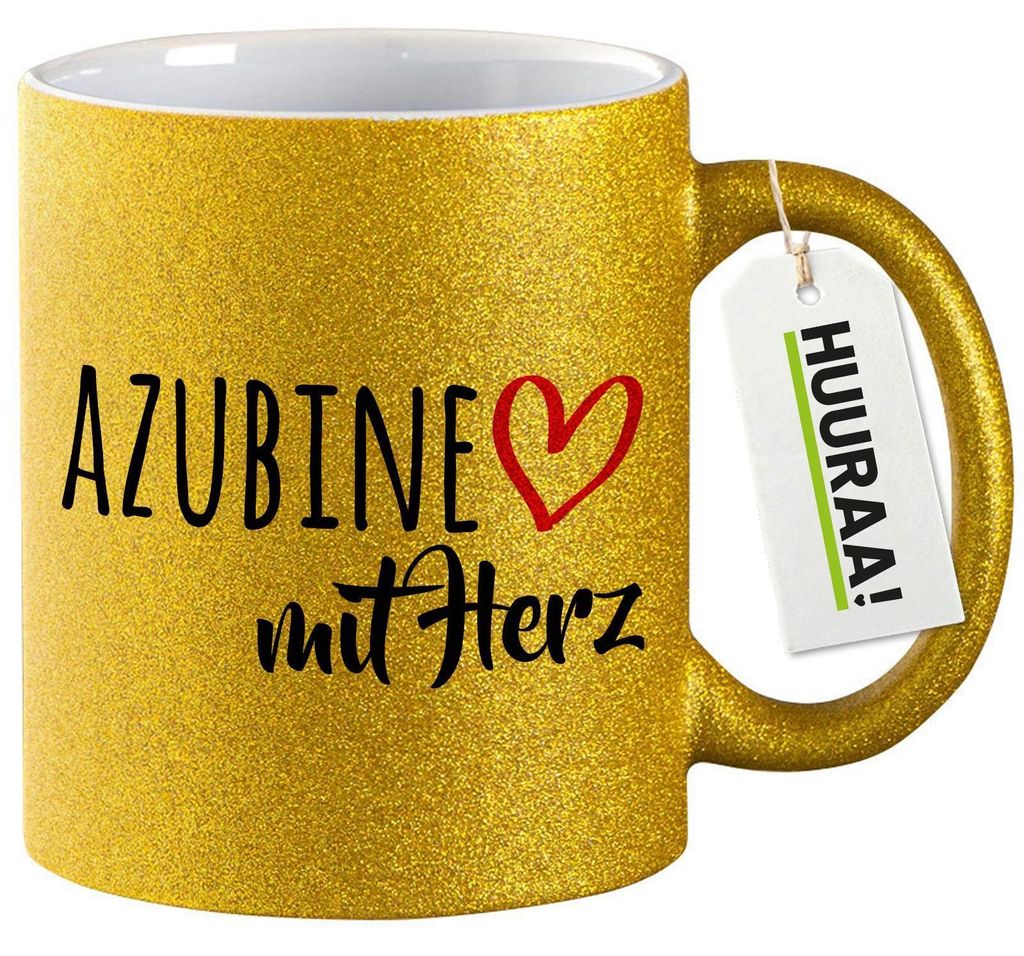Huuraa Glitzertasse Azubine mit Herz 330ml Gold Keramik Kaffeebecher Geschenkidee
