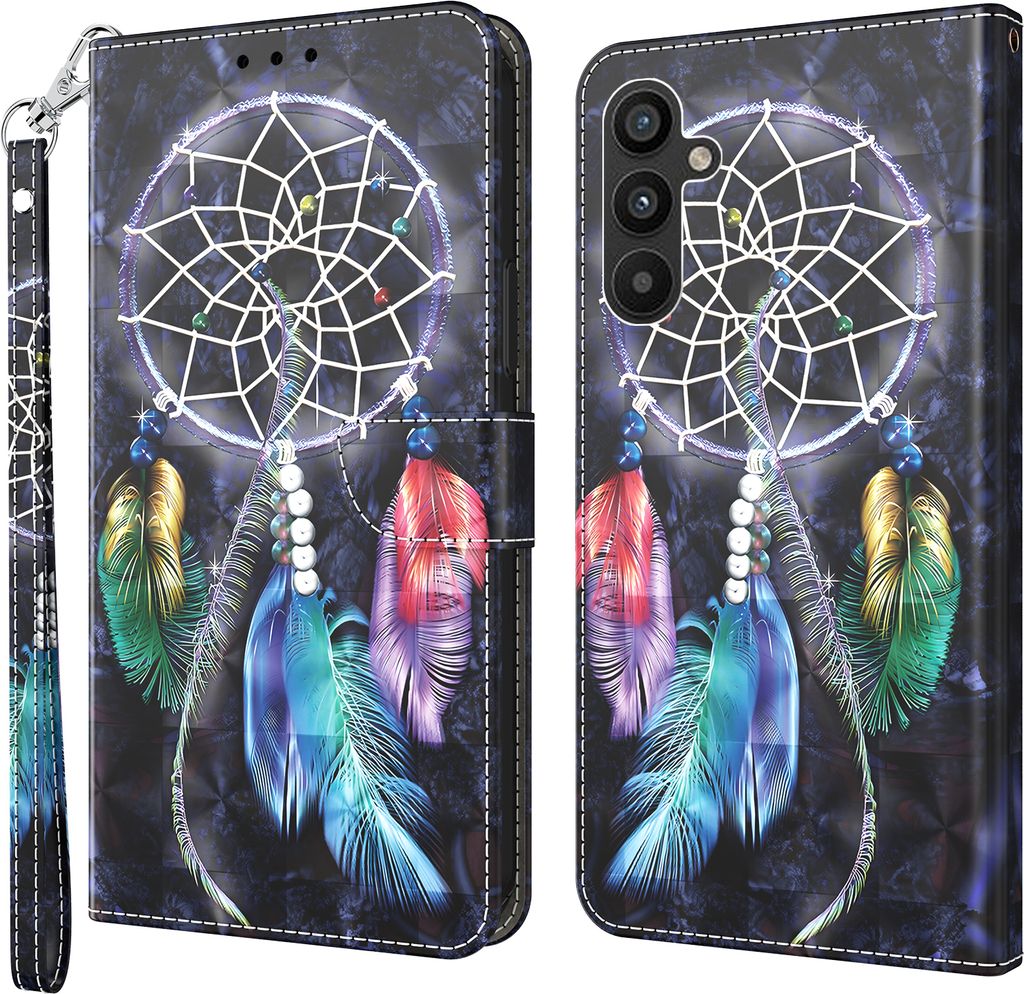 CLM-Tech Hülle kompatibel mit Samsung Galaxy A34 5G - Tasche aus Kunstleder - Klapphülle mit Ständer und Kartenfächern, Traumfänger schwarz bunt