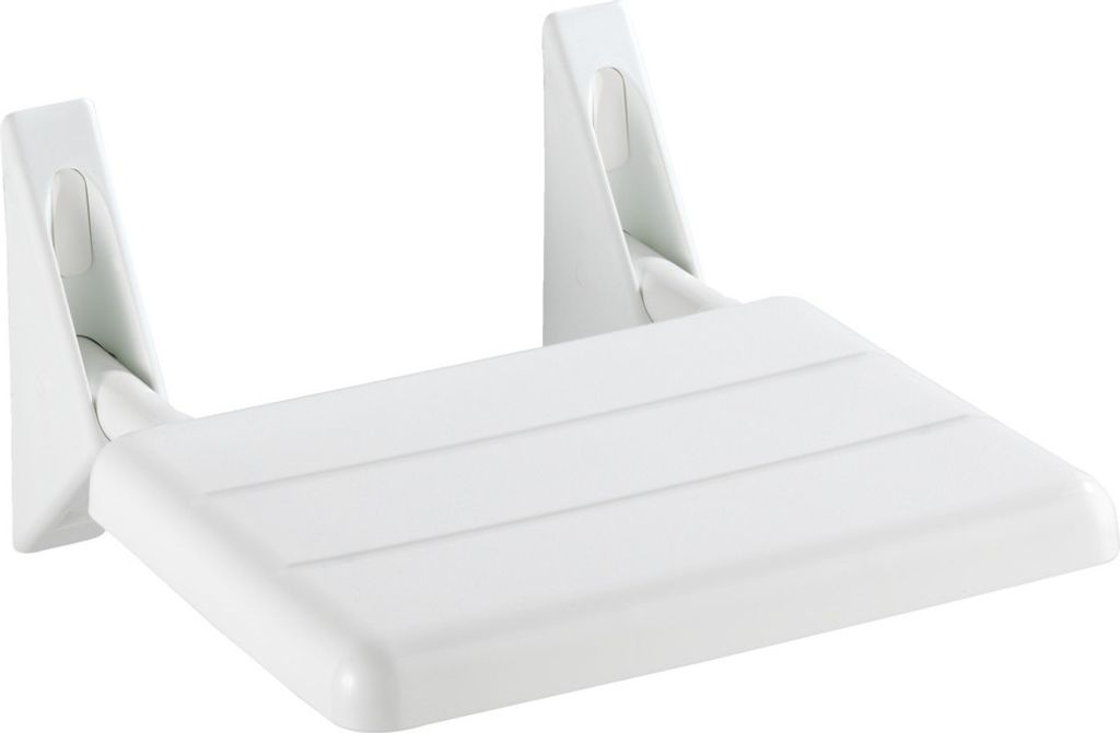 A white folding shower seat mounted on a white background.