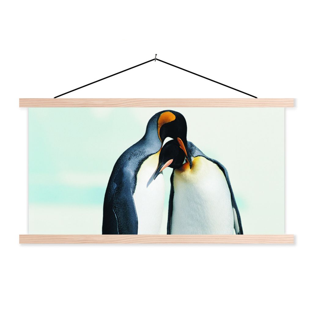 MuchoWow Textilposter Pinguine - Schnee - Familie 120x60 cm mit holzfarbenen Rahmen - Klemmleiste