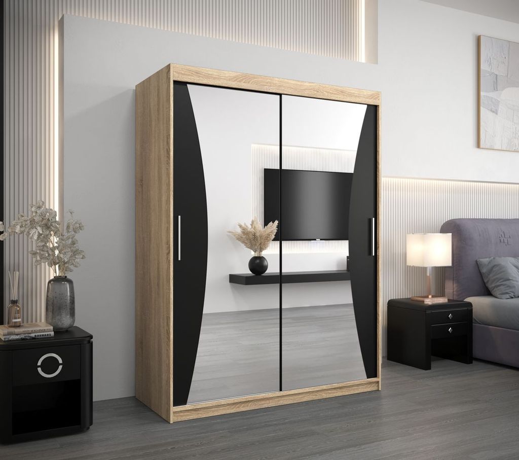 Kleiderschrank mit Spiegeln LADA – Breite 150 cm, Sonoma-Eiche / Schwarz