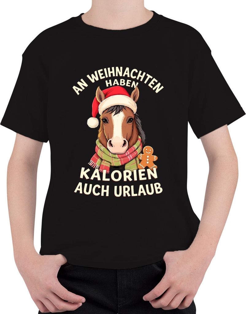 Weihnachten Kalorien auch Urlaub Pferd lustig Geschenk Reiter Uni Kinder T-Shirt, Schwarz, 140