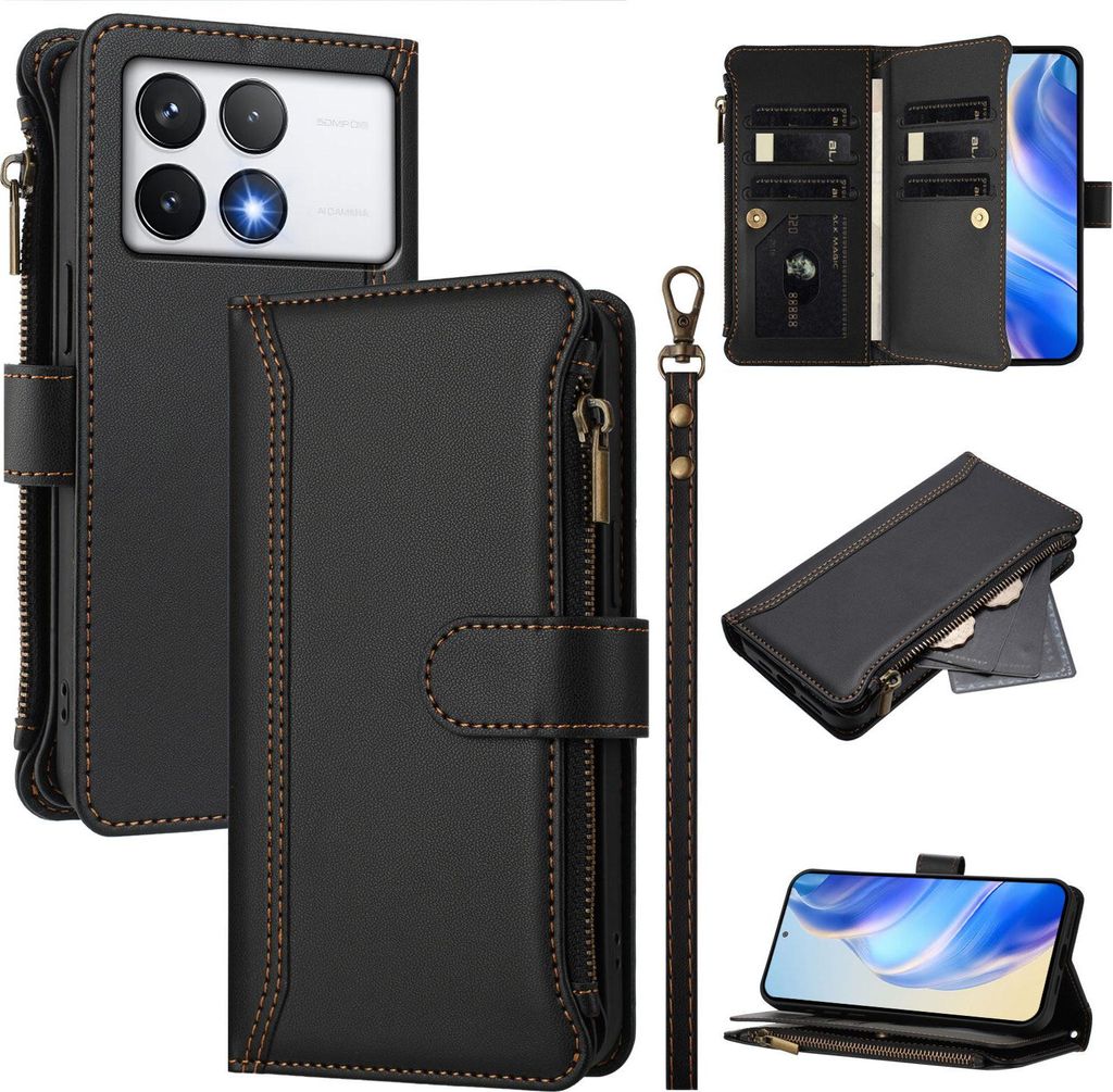 Handyhülle für Xiaomi Redmi K70/K70 Pro/Poco F6 Pro Reißverschluss Geldbörse Kunstleder Klapphülle mit Kartensteckplatz, Ständer, Handschlauf...