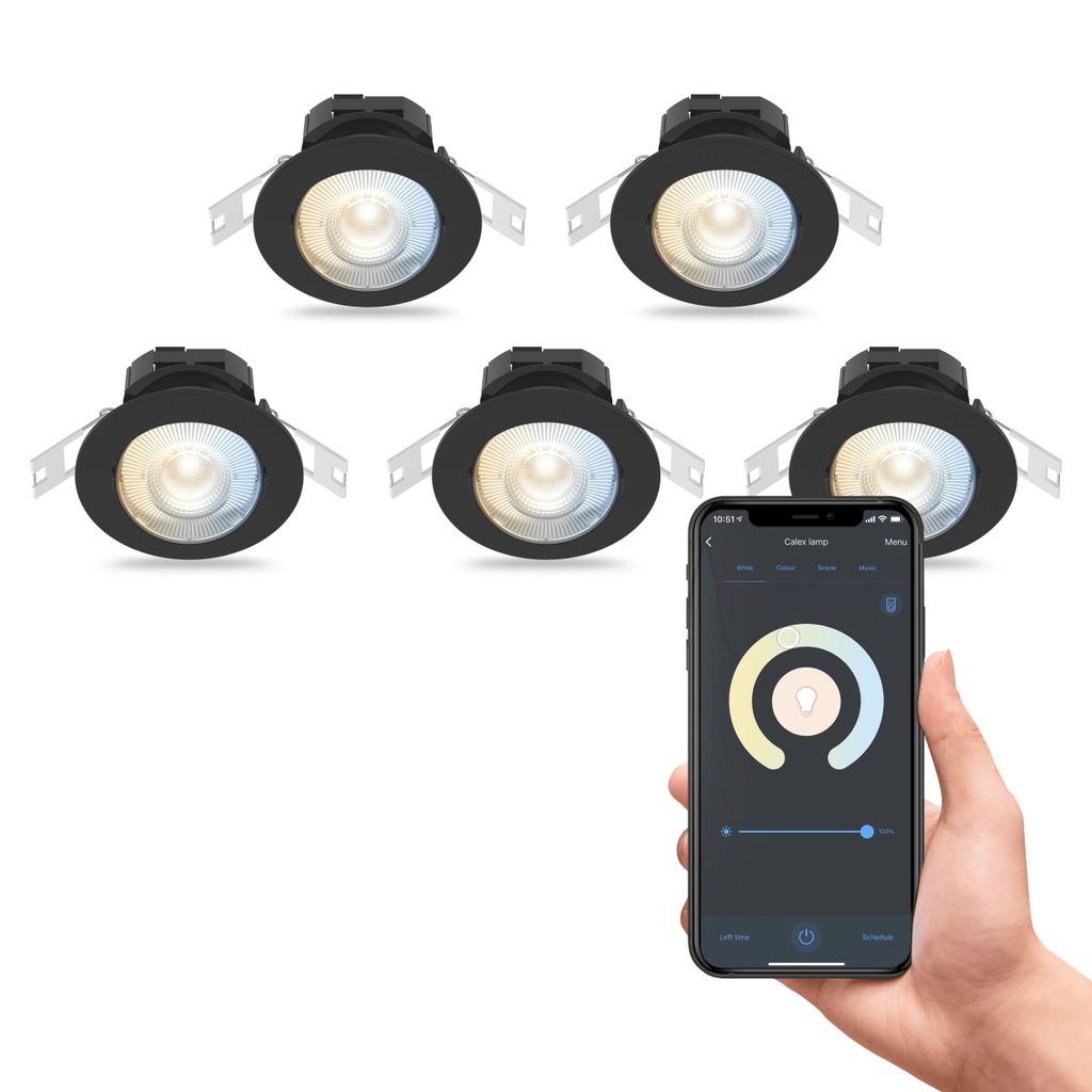 Calex Smart LED Einbaustrahler, Schwarz, neigbar, RGB-Farben & kalt- bis warmweiß Licht, dimmbar, WLAN App- & Sprachsteuerung, 5er Pack