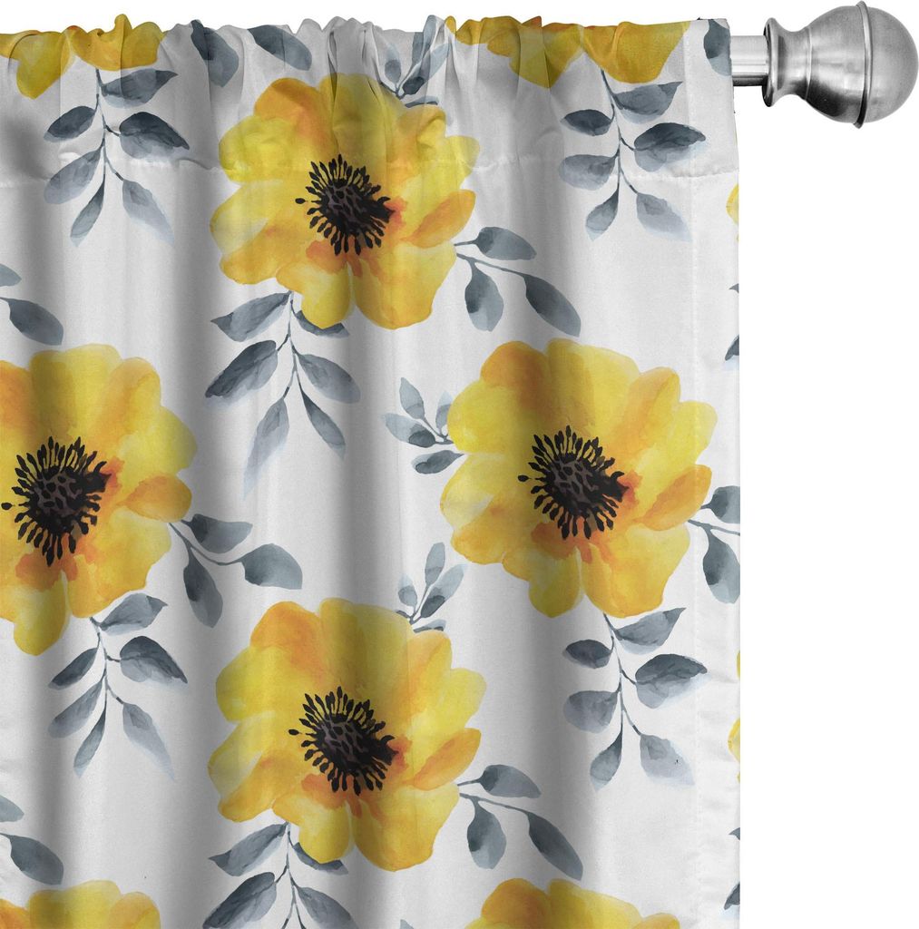 ABAKUHAUS Blumen Vorhänge, Gardinen, Watercolored Gelbe Mohnblumen mit Blättern Romantische Frühlings-Zeit, 2 Stück 75 x 245 cm, Erde Gelb und ...