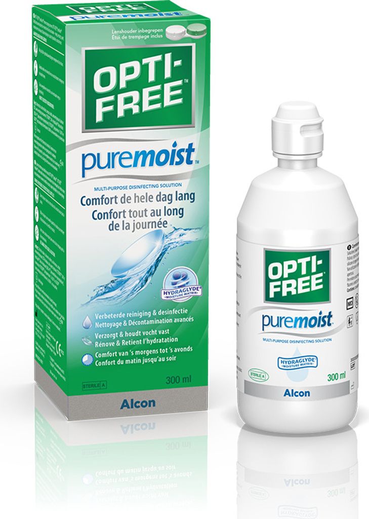 A product shot of Opti-Free Puremoist contact lens solution, showing both the box and the bottle.