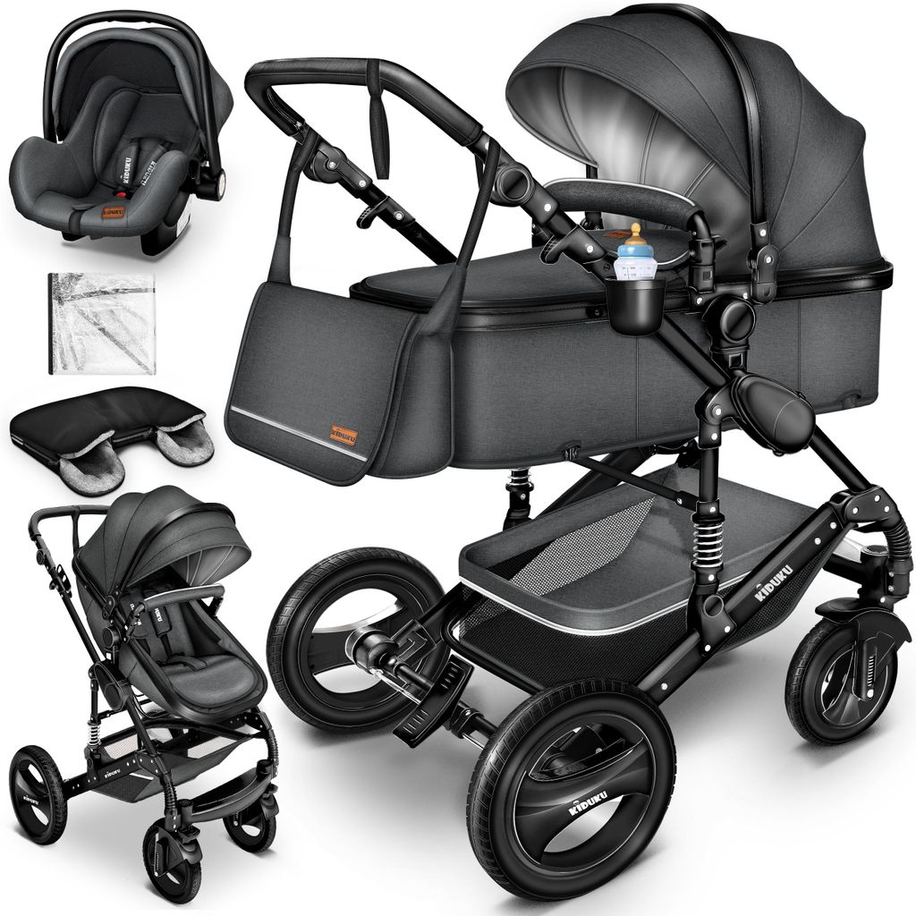 KIDUKU® 3 in 1 Kombi Kinderwagen Anthrazit/Schwarz Buggy Produktbild 