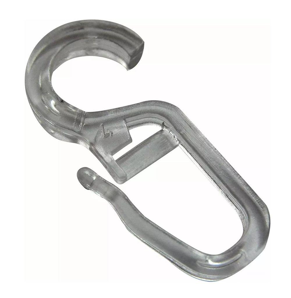 A single transparent plastic clip hook is shown against a white background.