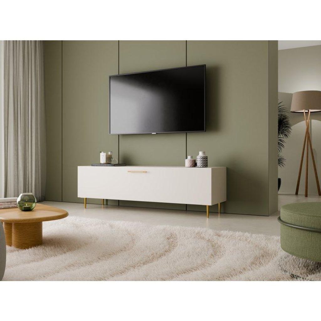 MONCLERO GF1 | TV Lowboard SANTI 3RN Kaschmir Matt Goldene Relinggriffe Goldene Füße Modern Stehend