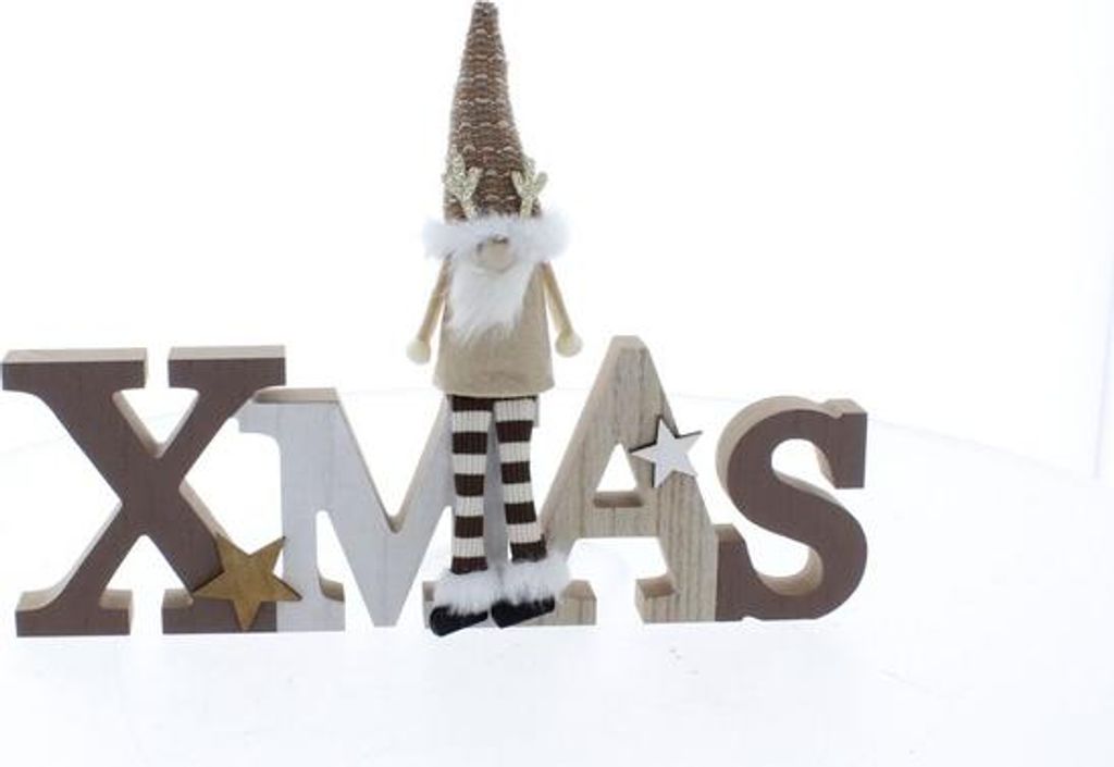 Schriftzug XMAS mit Wichtel - braun - ca. 29,5 x 3,9 x 21,5 cm