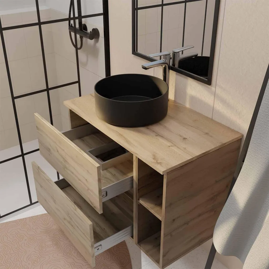 Meuble de Bain 80cm TIMBER Chêne et Vasque Noire - Design Moderne - 3