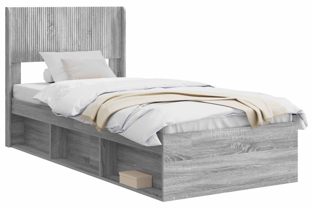 Bettgestell mit Stauraum und Kopfteil Grau Sonoma 75 x 190 cm