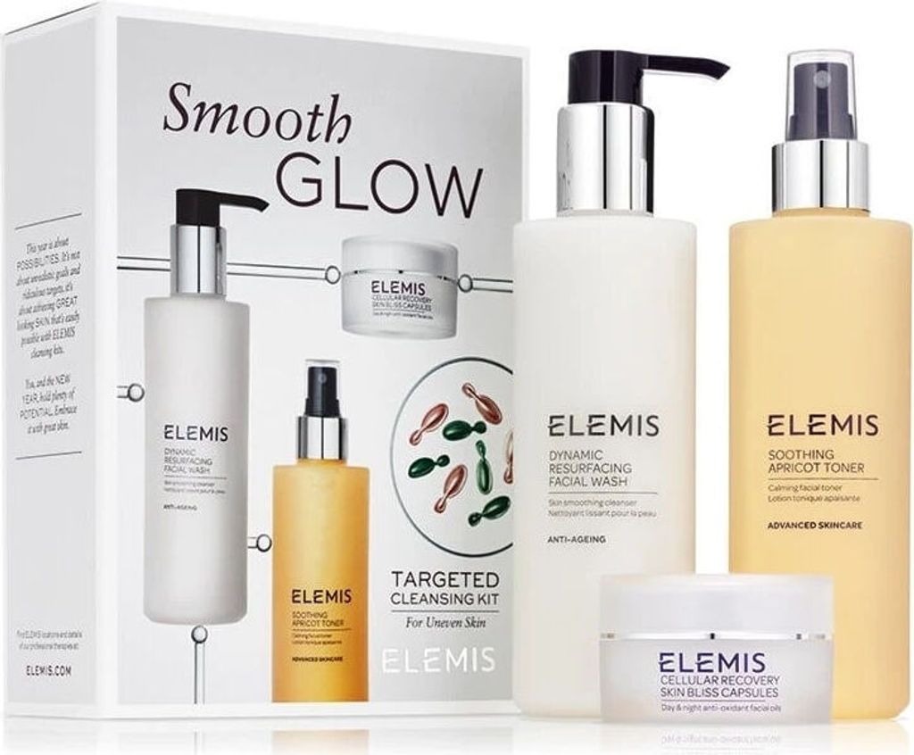 Elemis Smooth Glow Reinigungsset: Elemis Dynamic Resurfacing Gesichtsreinigung 200ml + Elemis Soothing Apricot Toner 200ml + Elemis Cellular Recove...