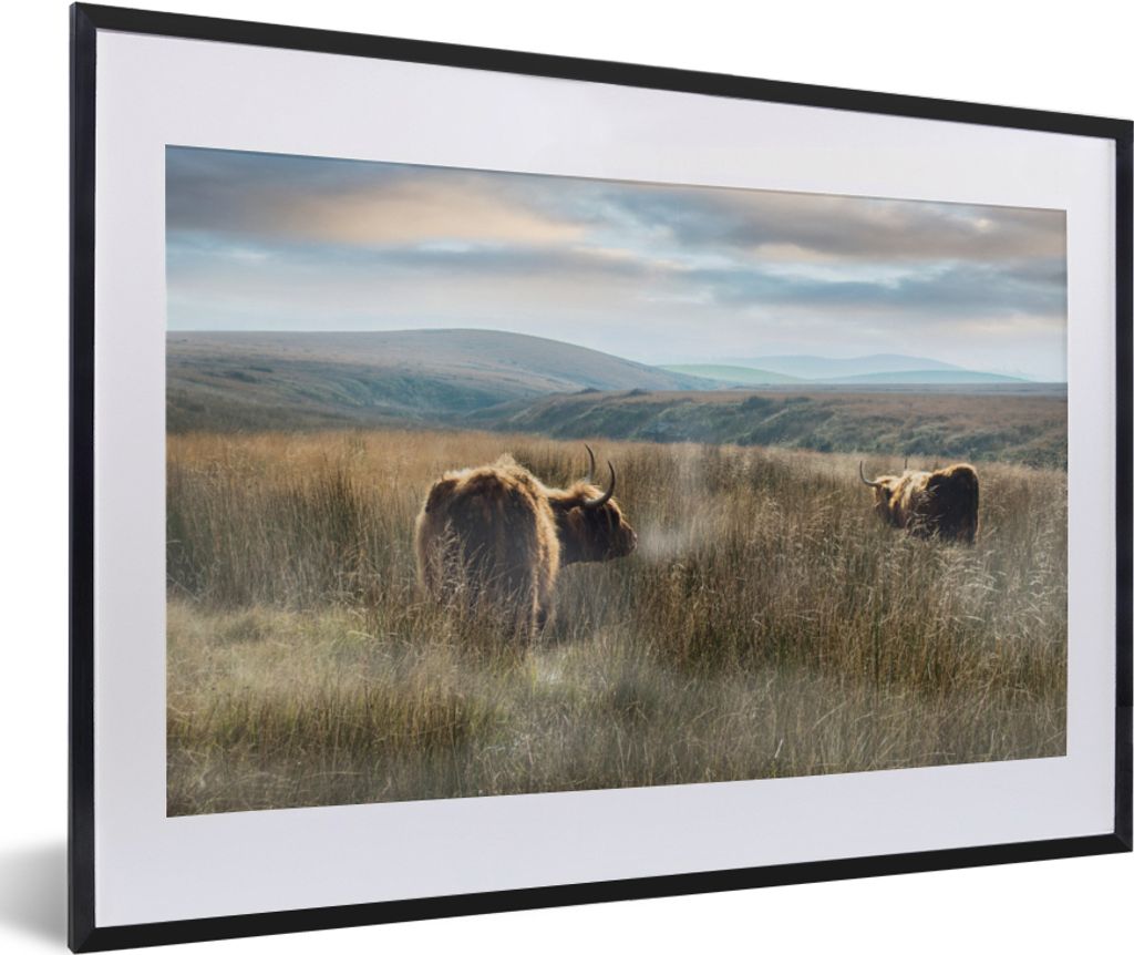 MuchoWow Gerahmtes Poster Schottische Highlander - Nebel - Gras 60x40 cm - Poster mit Schwarzem Bilderrahmen Wandposter Rahmen Foto Bilder - Schl...