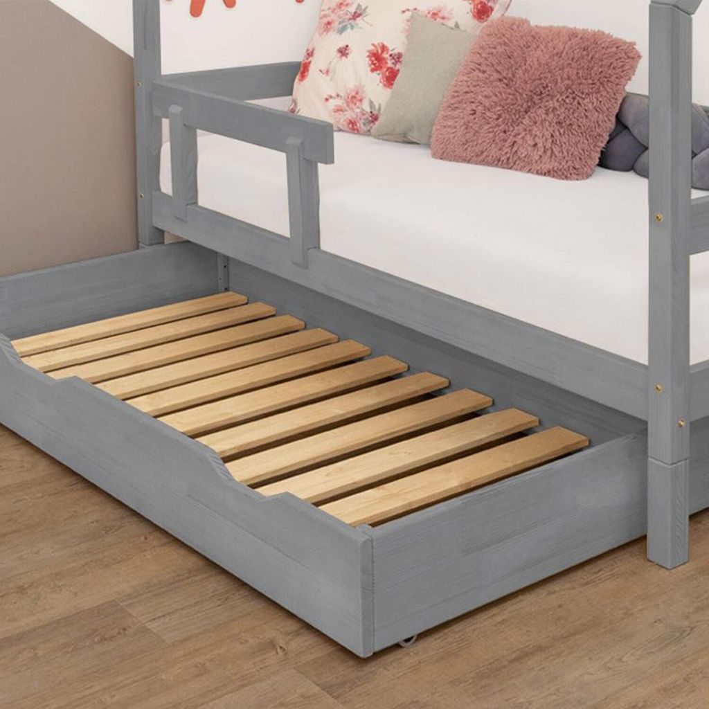 Under Bed Wooden Drawer with two cutouts BUDDY on Wheels - Grey - With slack and full bottom - 70 x 140 cm (under bed 70 x 160 cm)