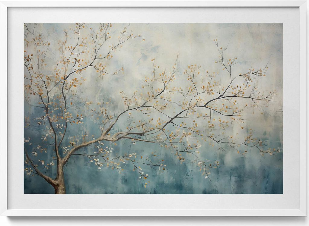 Bemalte Äste– Wandbild mit Rahmen – Gerahmtes Bild – Wanddekoration – 100x70 cm – Weiß Rahmen
