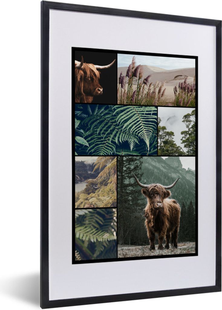 MuchoWow MuchoWow Gerahmtes Poster Schottische Hochlandrind - Collage - Pflanzen - Natur 40x60 cm - Poster mit zchwarzem Bilderrahmen - Poster ...