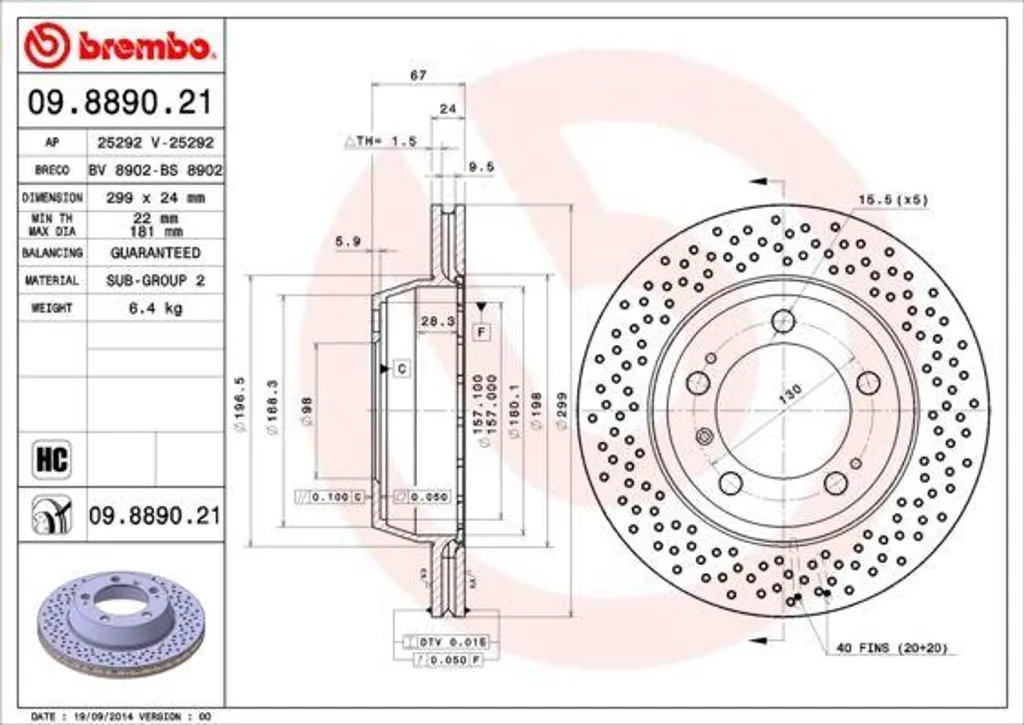 Disque de frein haute performance Brembo 09.8890.21 type OE Porsche