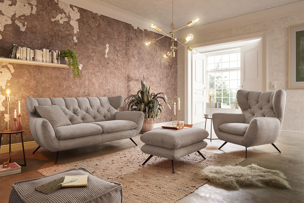KAWOLA Sitzgruppe CHARME 3-Sitzer Sessel Hockerbank Cord taupe
