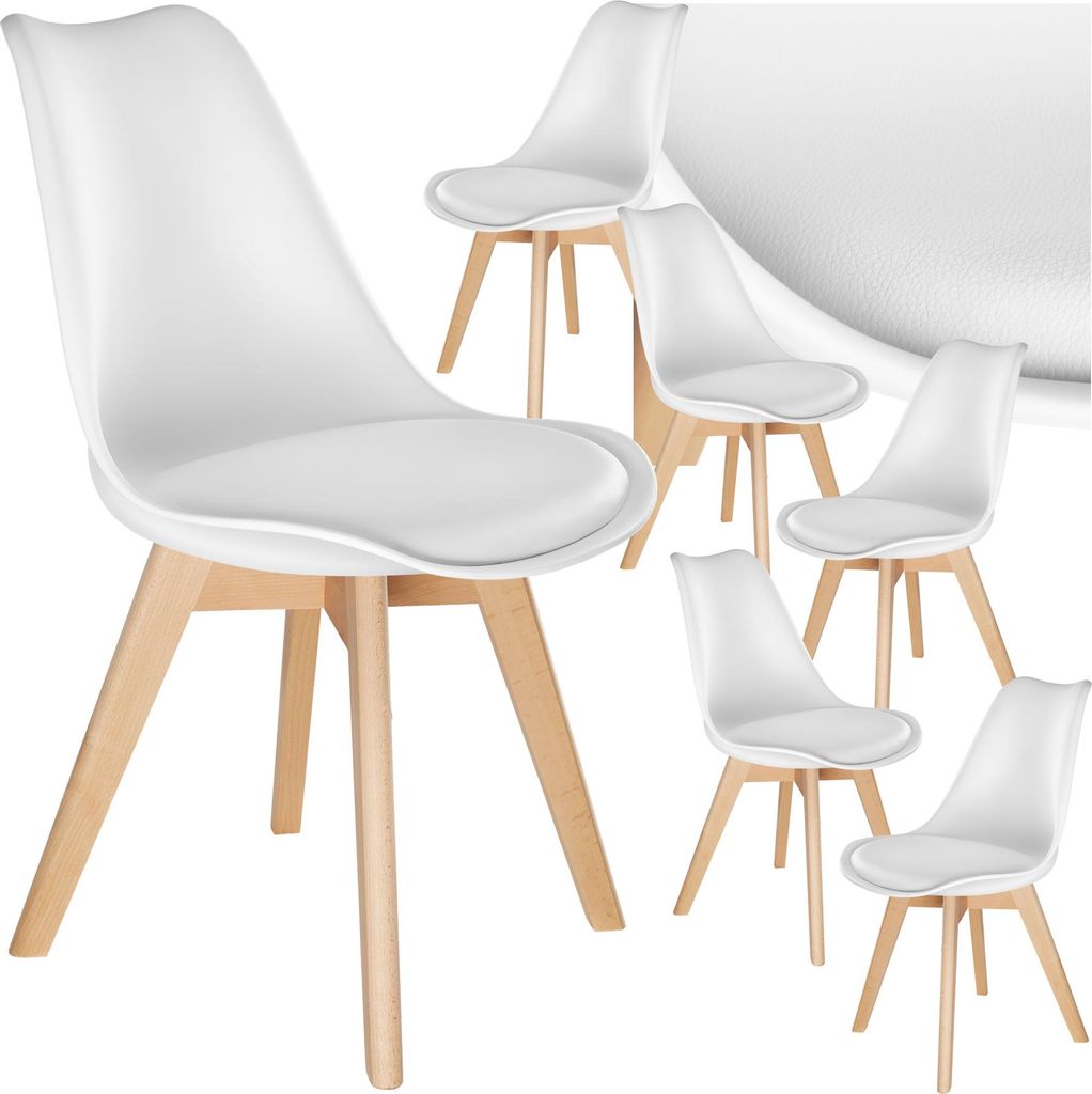 A set of white dining chairs with wooden legs arranged on a white background.