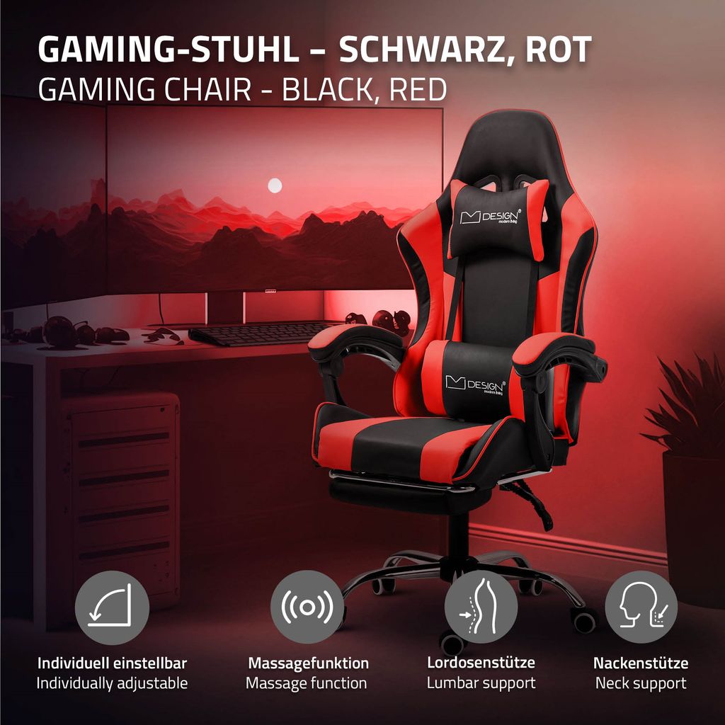 Home4You Gaming-Stuhl Rot, Schwarz, Kunstlederbezug, verstellbare  Armlehnen, mit Kissen