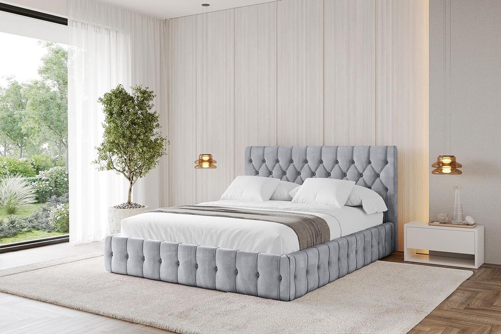 ALTDECOR Polsterbett mit Bettkasten - LARO 120x200 Hellgrau und Lattenrost, Bett mit Kopfteil, Boxbett ohne Matratze, Doppelbett mit Stauraum