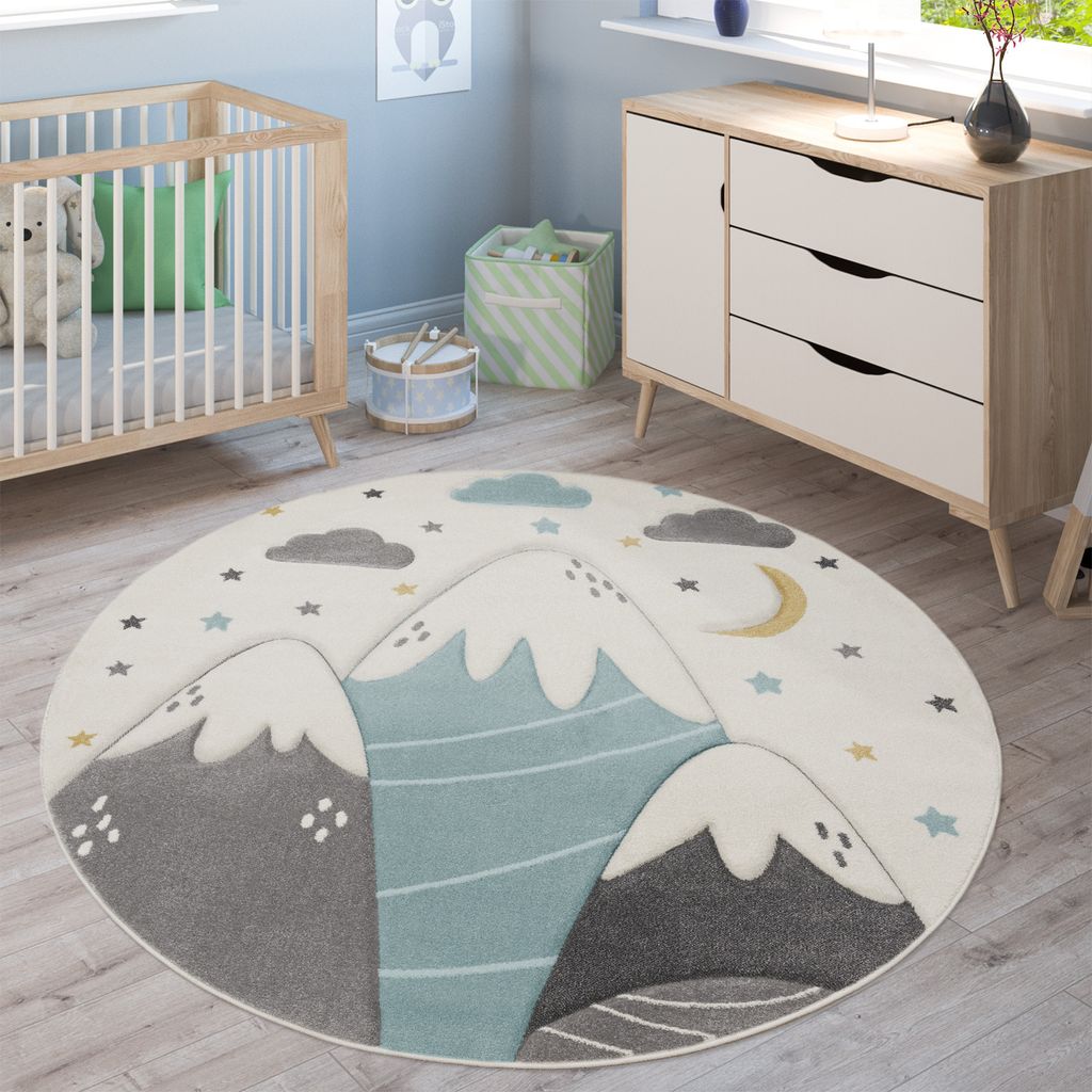 Kinderteppich Kinderzimmer Pastell Blau Grau Berg Mond Produktbild 