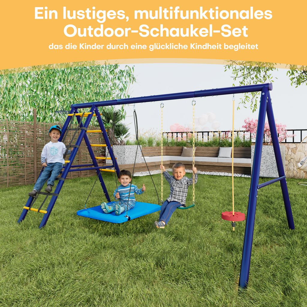 Merax Multifunktionales Outdoor-Schaukel-Set für Kinder–3 Schaukeln, Klettergerüst, Basketballkorb, Hochfester Stahl, ideal für Garten und Spi...
