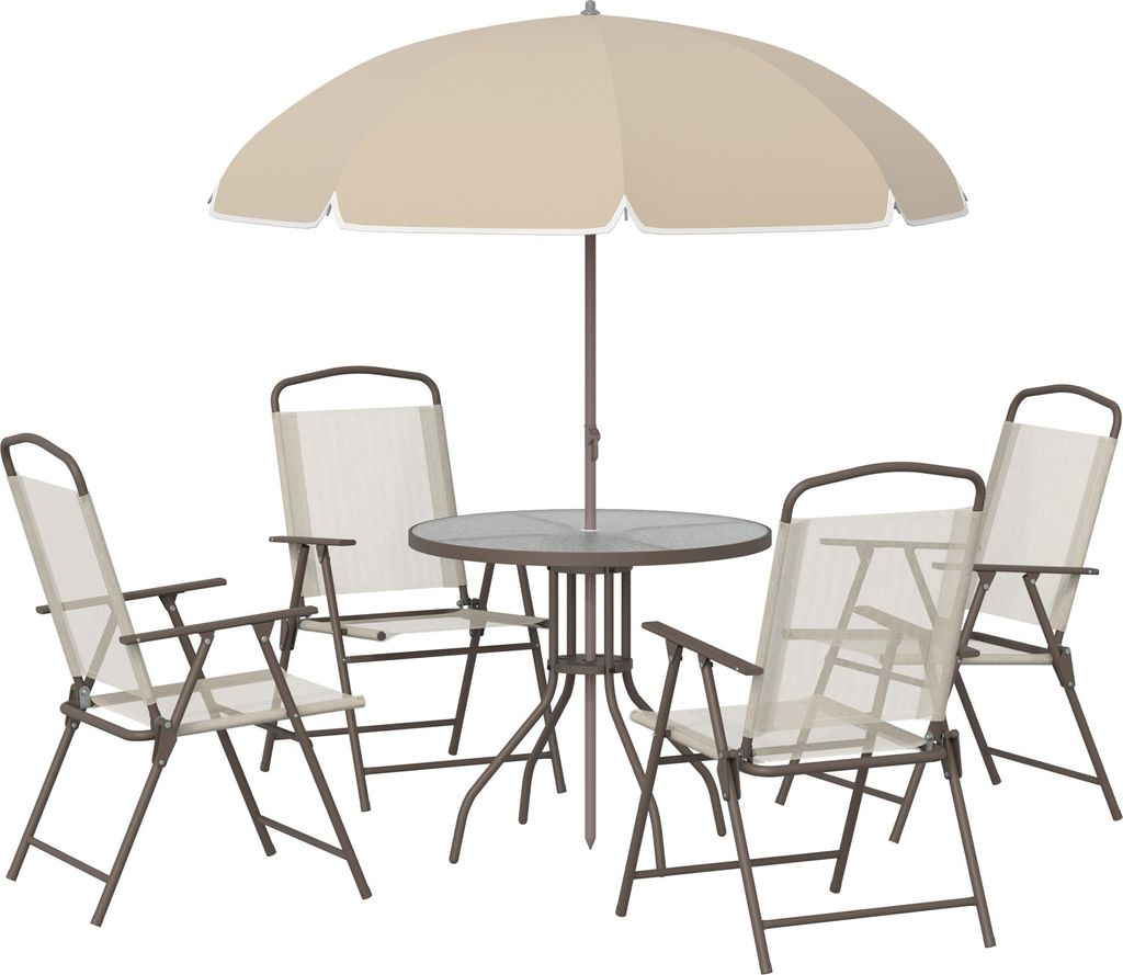 Outsunny 6-teiliges Gartenmöbelset – Runder Tisch + 4 Klappstühle + Sonnenschirm – Kaffeefarbener, epoxidbeschichteter Stahl, Textilene-Polye...