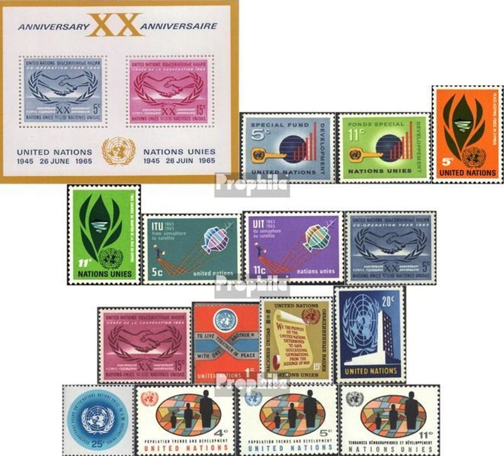 Briefmarken UNO - New York 1965 Mi 148-162 (kompl.Ausg.) Jahrgang 1965 komplett postfrisch Sondermarken