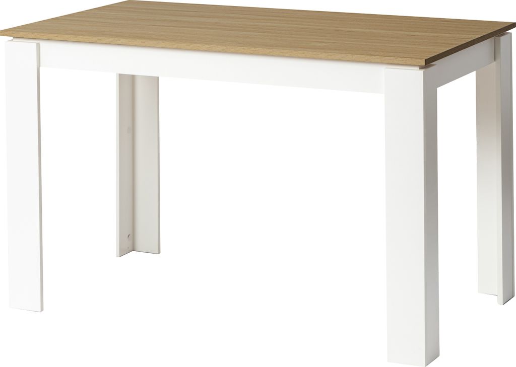 A dining table with white legs and a wooden top, presented on a white background.