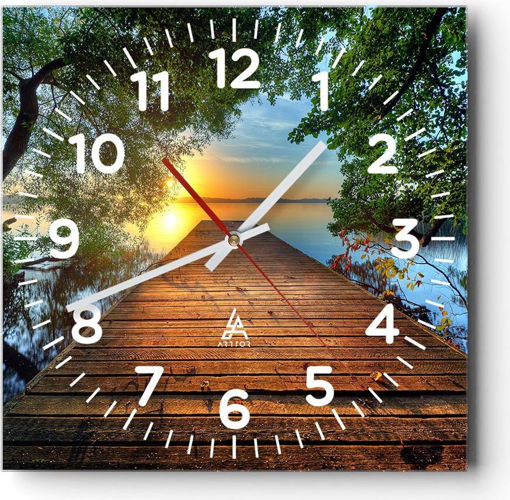 Wanduhr - Quadrat - Glasuhr - Brücke See - 30x30cm - Schleichendes Uhrwerk - Lautlos - zum Aufhängen bereit - Dekoration Modern - Wanddekoration ...