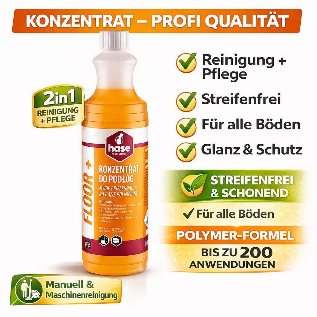 Hase Floor+ Bodenreiniger Konzentrat 1L / 5L – Wischpflege, streifenfrei, Polymer-Technologie, für alle Böden, Profi Qualität