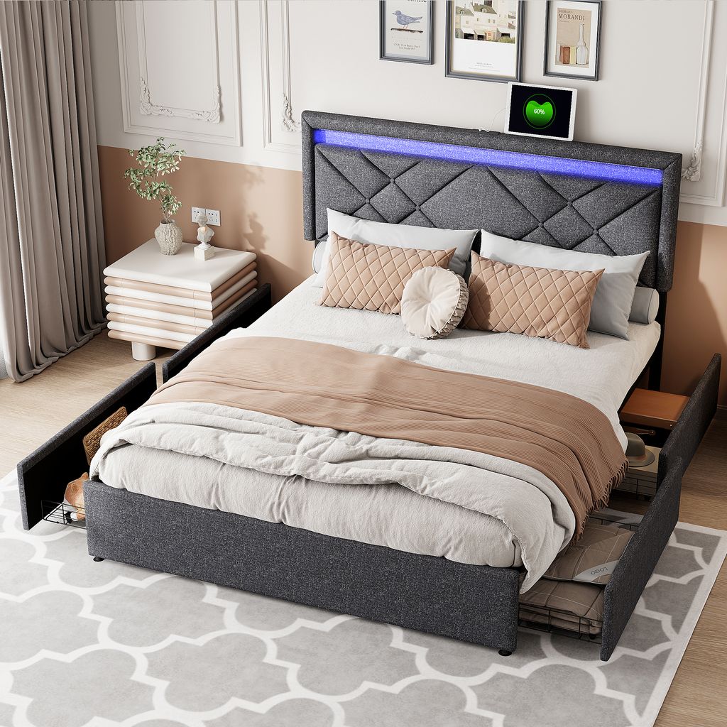 Čalouněná postel 140x200cm, manželská postel s USB, Type-C Obrázek produktu 