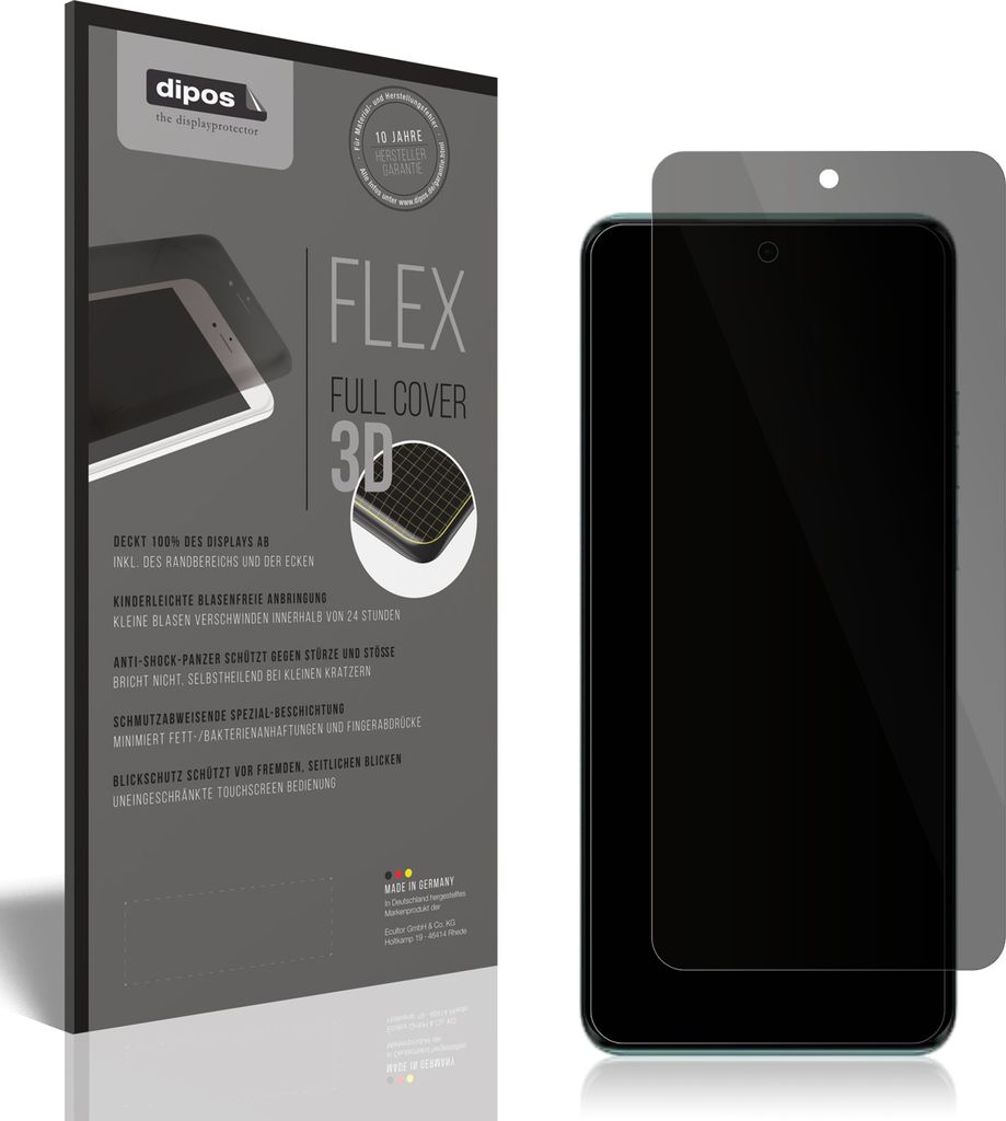 A product package for a screen protector is shown next to a smartphone with a screen protector applied.