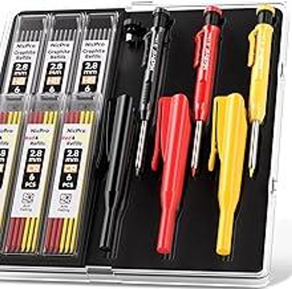 Nicpro 3 Stück Zimmermannsbleistifte mit Spitzer und Kappe, Tischler Bleistifte Set mit 39 Ersatzminen (Rot, Schwarz, Gelb), Druckbleistift Marker...