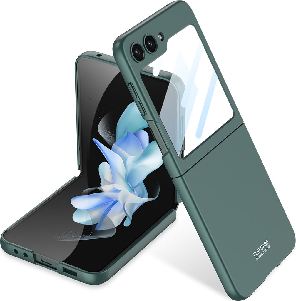 A green flip phone case is shown open, with the phone inside.