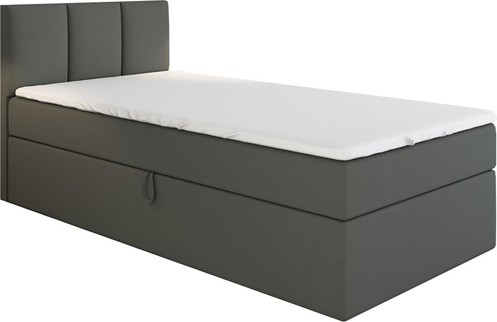Boxspringbett, Jugendbett NASI 90x200 (Links) mit Bettkästen, Bonell-Matratze und Topper. Farbe: Dunkelgrau