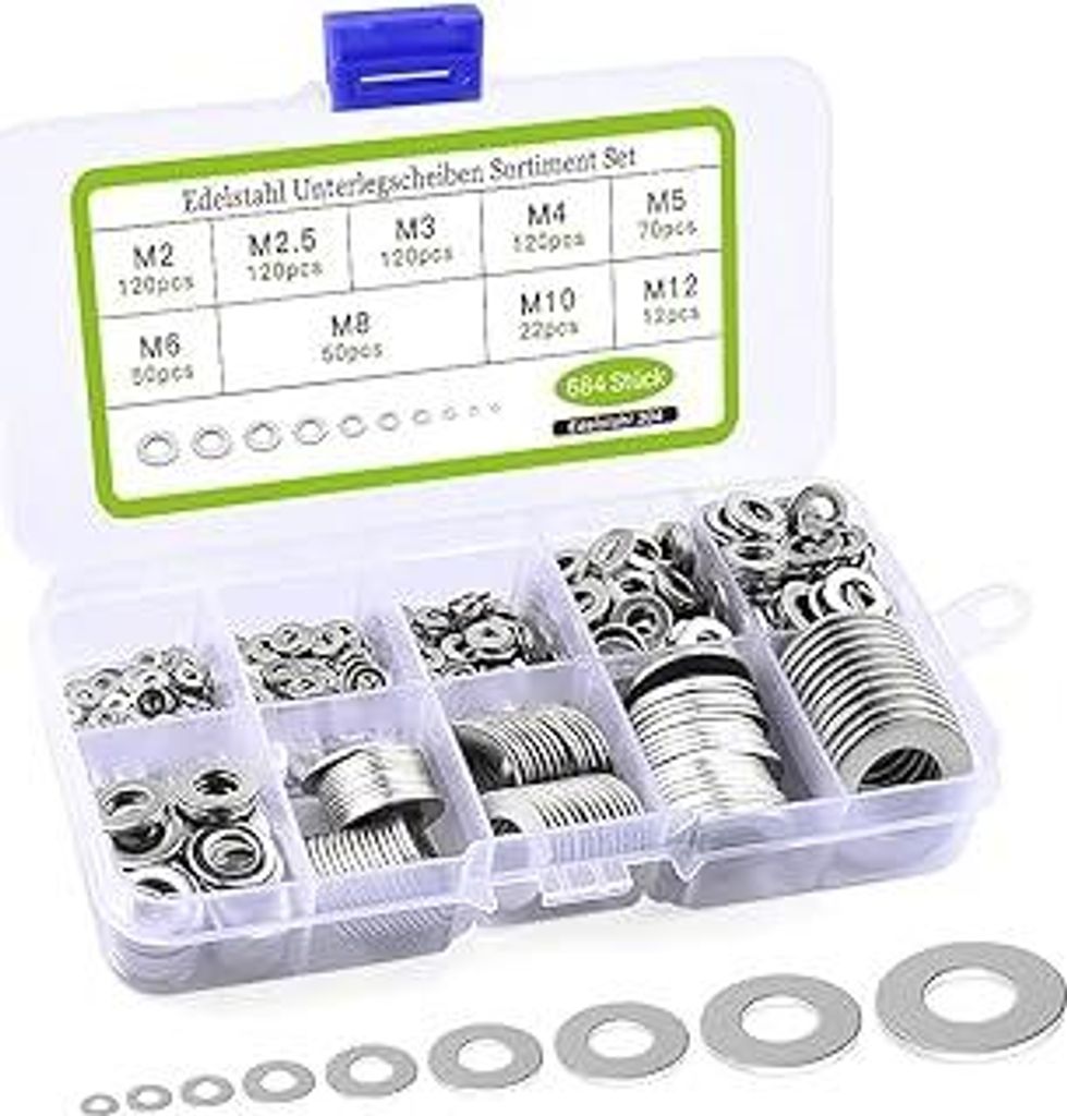Dalifer Unterlegscheiben-Set aus Edelstahl, 684-teilig, flache Unterlegscheiben, Sicherheitsscheiben-Sortiment-Set, mit einem Sortimentskasten, ins...