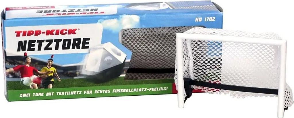 The image shows the product packaging and one of the included toy soccer goals.